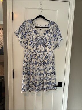 CAbi Santorini Blue and White Embroidered Tunic Dress